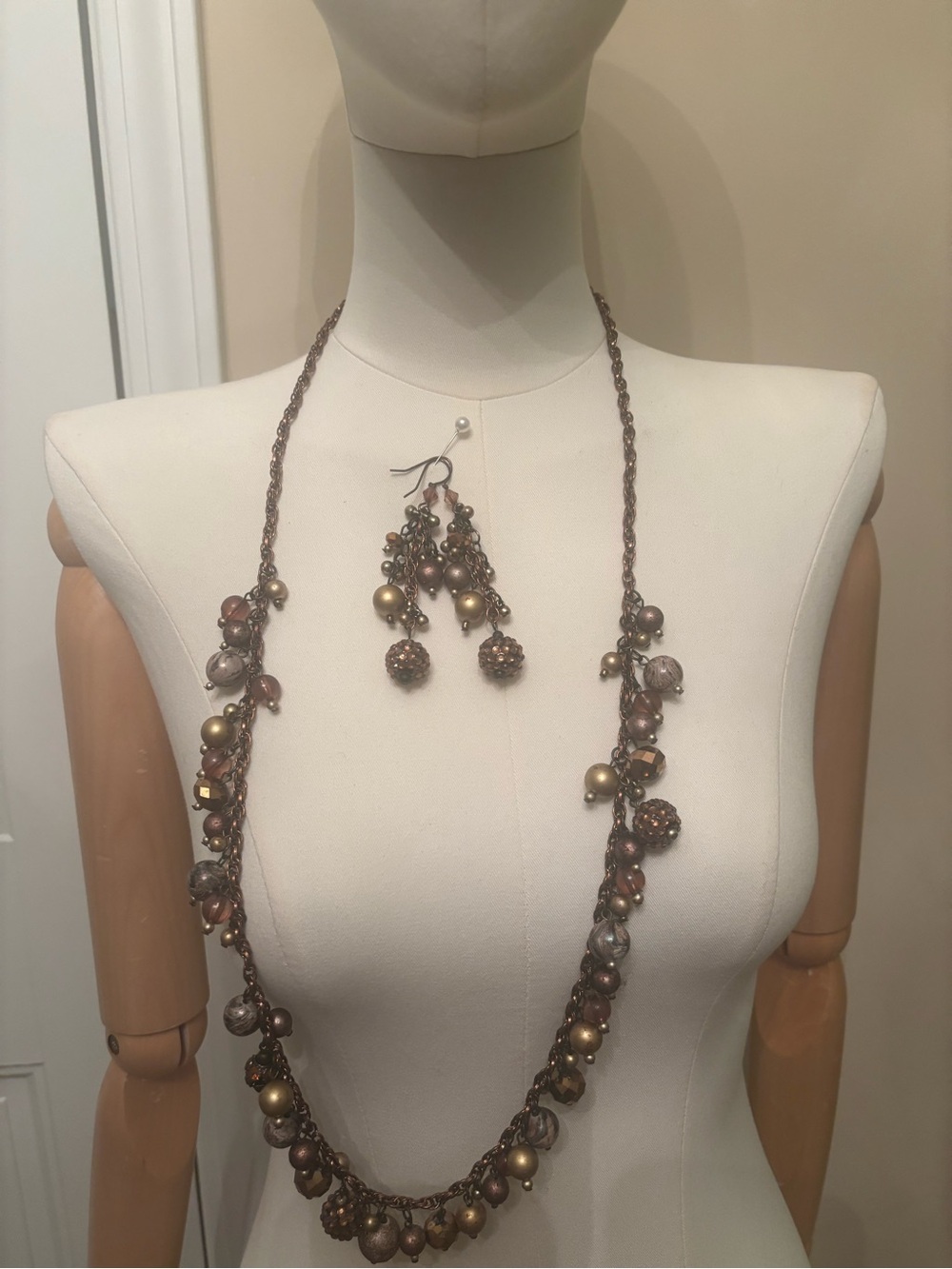 Long Brown & Gold Bead Necklace with Matching Earrings - Women Jewelry
